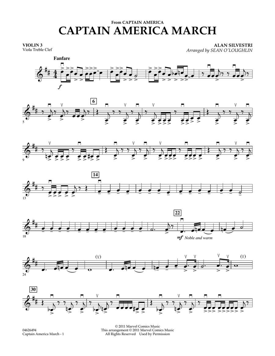 Captain America March - Violin 3 (Viola Treble Clef) Orchestra scores gallery preview page 1