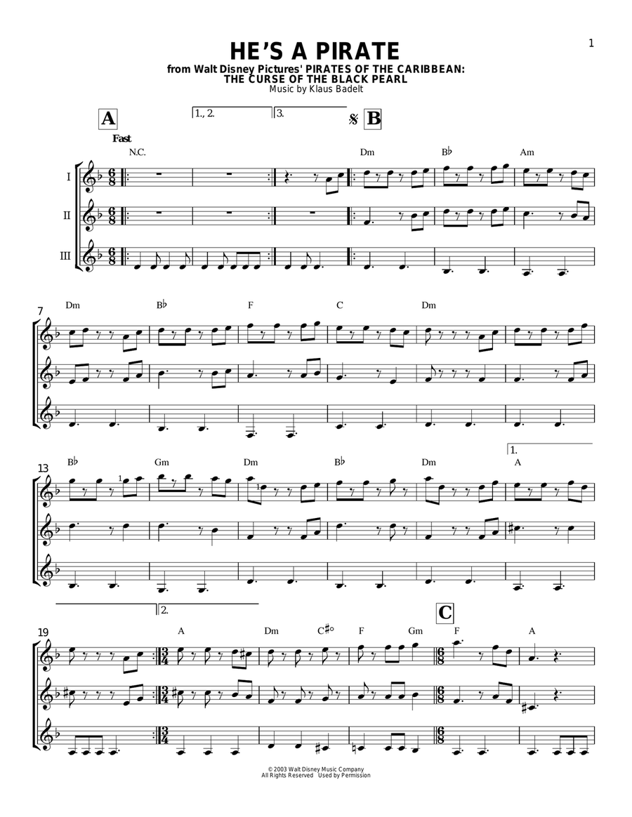 He's A Pirate (from Pirates Of The Caribbean: The Curse of the Black Pearl) Guitar Ensemble scores gallery preview page 1