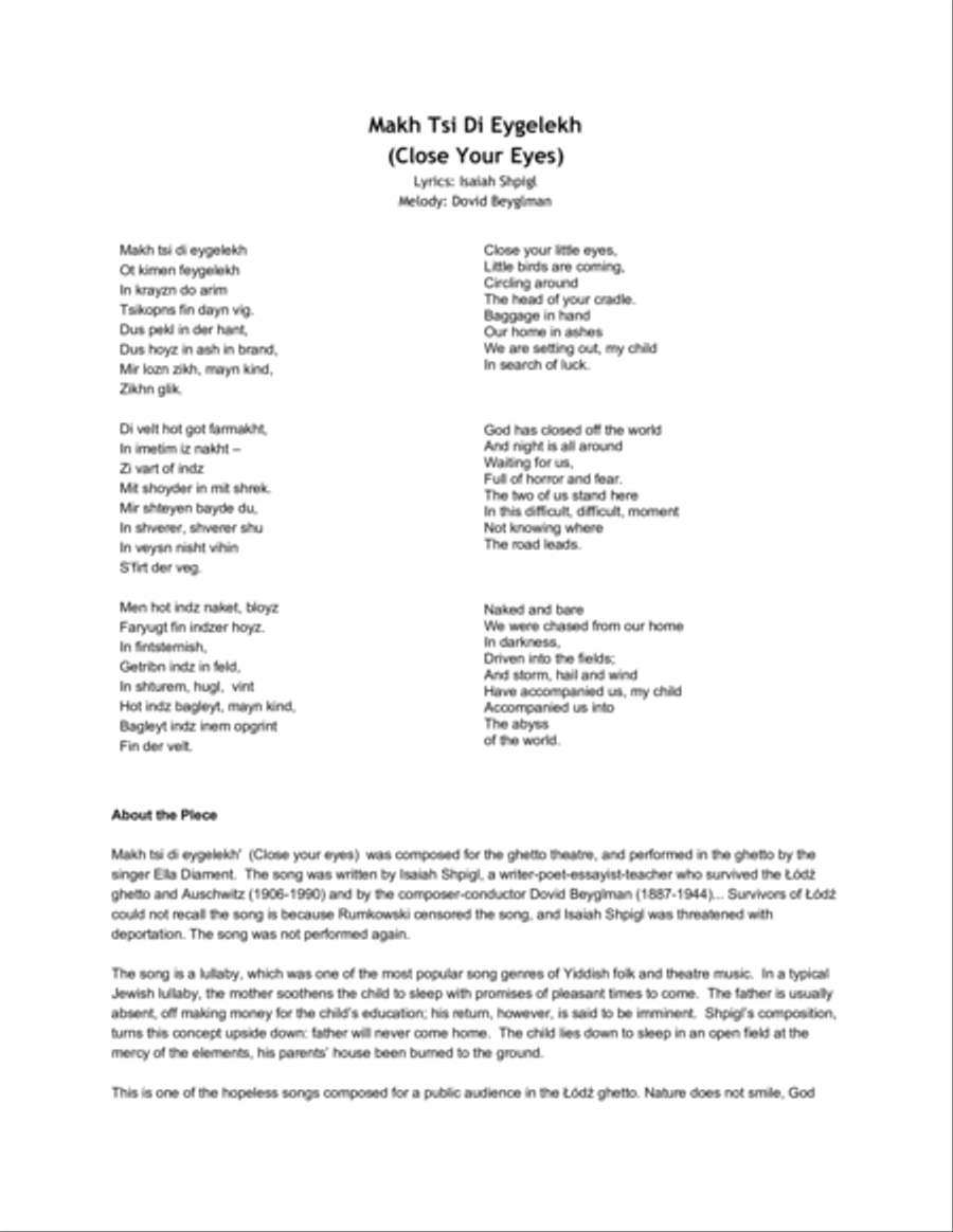 Makh Tsi Di Eygelekh (close your eyes) SSA scores gallery preview page 1