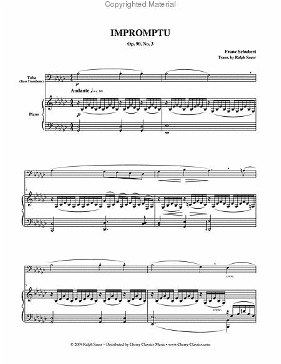 Impromptu, Opus 90, No. 3 for Tuba or Bass Trombone & Piano Trombone scores gallery preview page 3