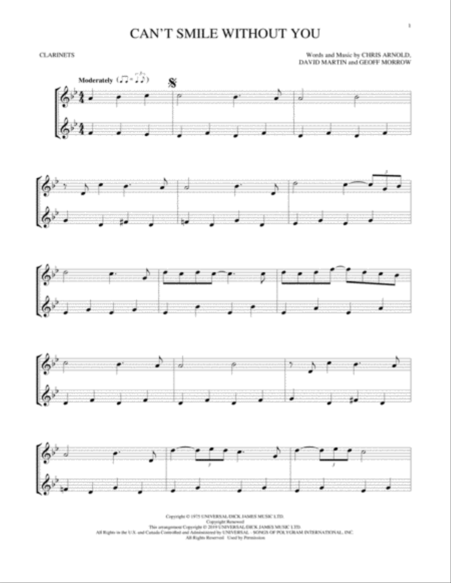 Can't Smile Without You Can't Smile Without You Clarinet Duet scores gallery preview page 1