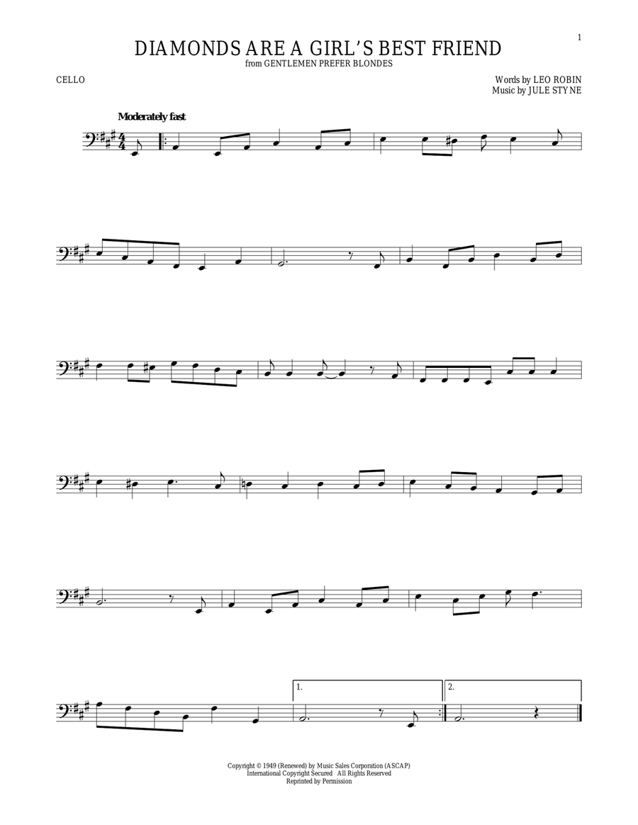 Diamonds Are A Girl's Best Friend Cello Solo scores gallery preview page 1