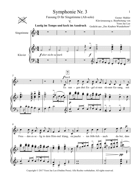 Mahler (arr. Lee): Symphony No. 3 5th movement, Piano Vocal Score (Version D for Alto solo)