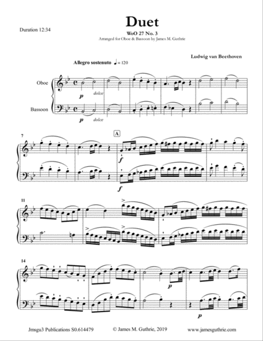 Beethoven: Duet WoO 27 No. 3 for Oboe & Bassoon Woodwind Duet scores gallery preview page 1