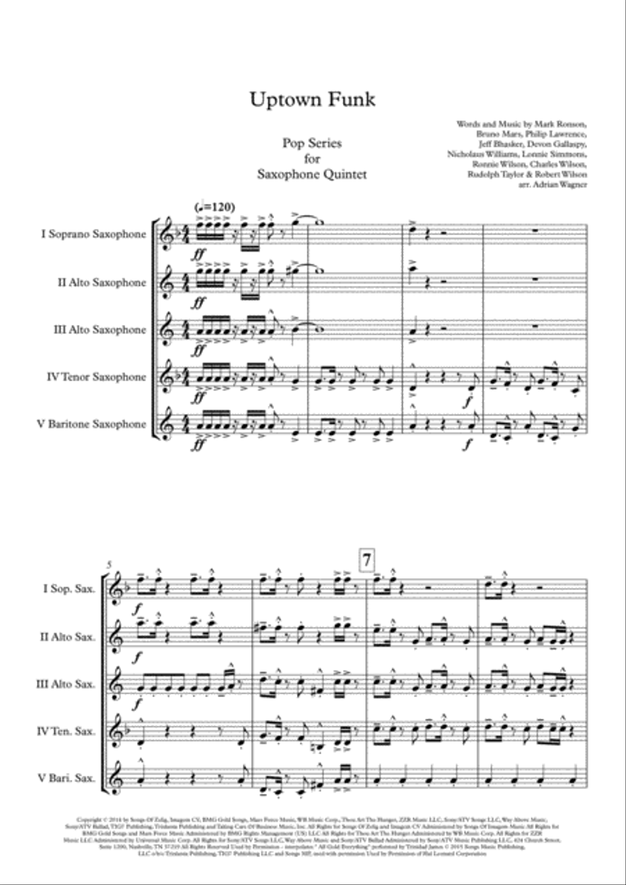 Uptown Funk Saxophone Quintet scores gallery preview page 3