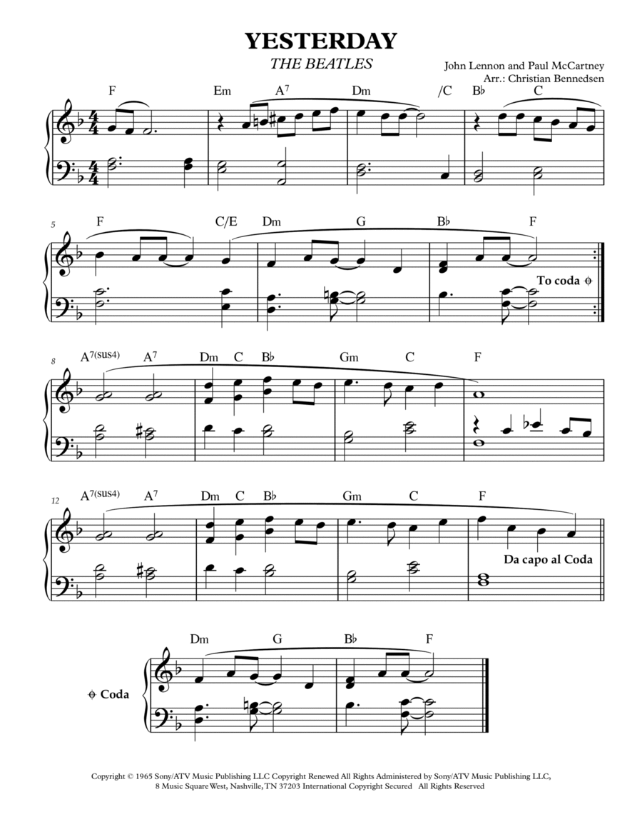 Yesterday Easy Piano scores gallery preview page 1