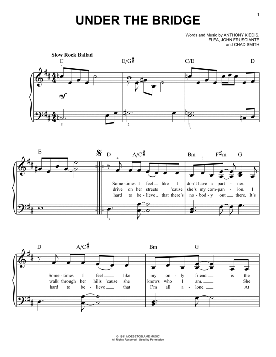 Under The Bridge Easy Piano scores gallery preview page 1