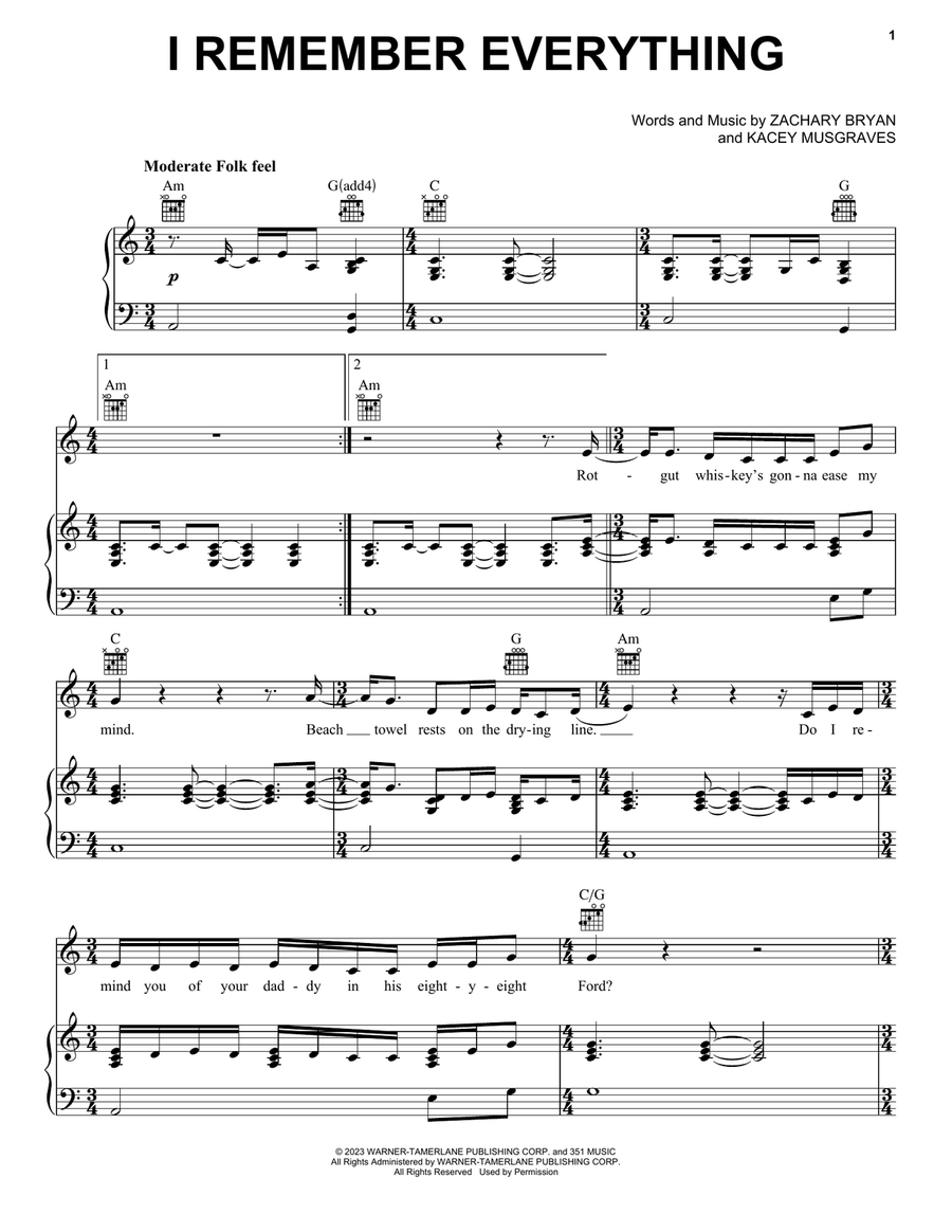 I Remember Everything (feat. Kacey Musgraves) Piano, Vocal, Guitar scores gallery preview page 1