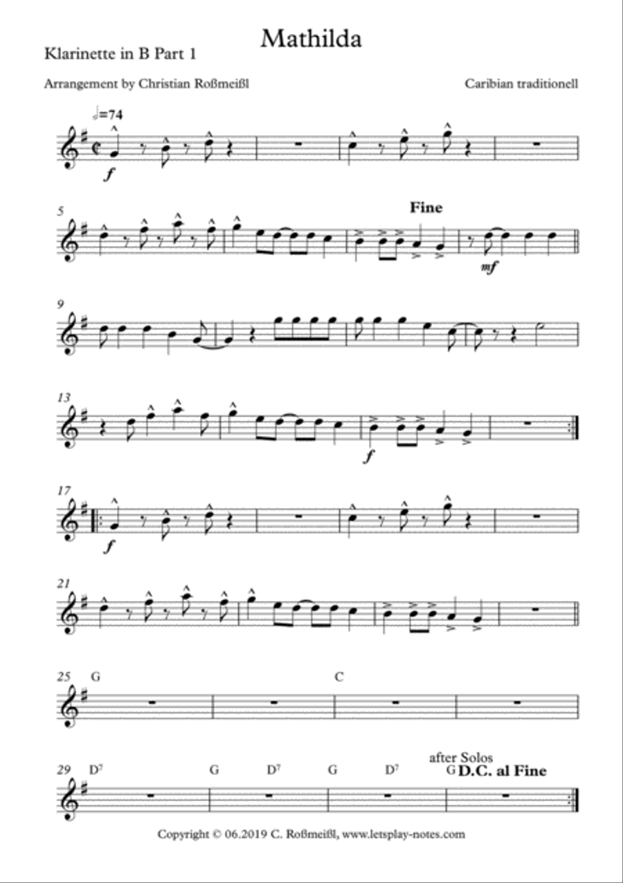 Matilda with 4 or 5 Clarinets Quartet, Quintet Clarinet Quartet scores gallery preview page 6