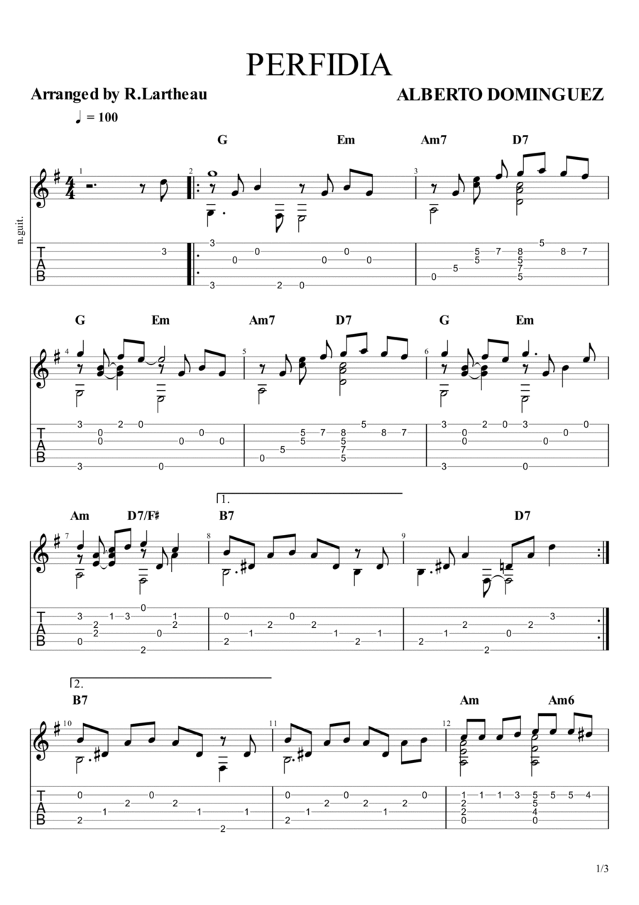 Perfidia Classical Guitar scores gallery preview page 1