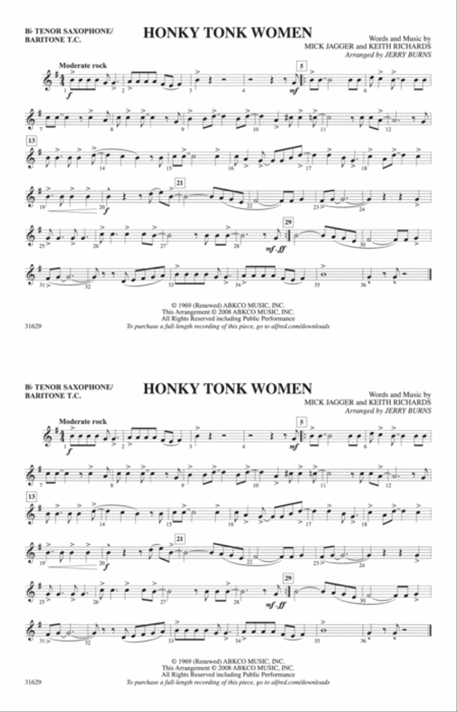 Honky Tonk Women: Bb Tenor Saxophone/Bartione Treble Clef Marching Band scores gallery preview page 1