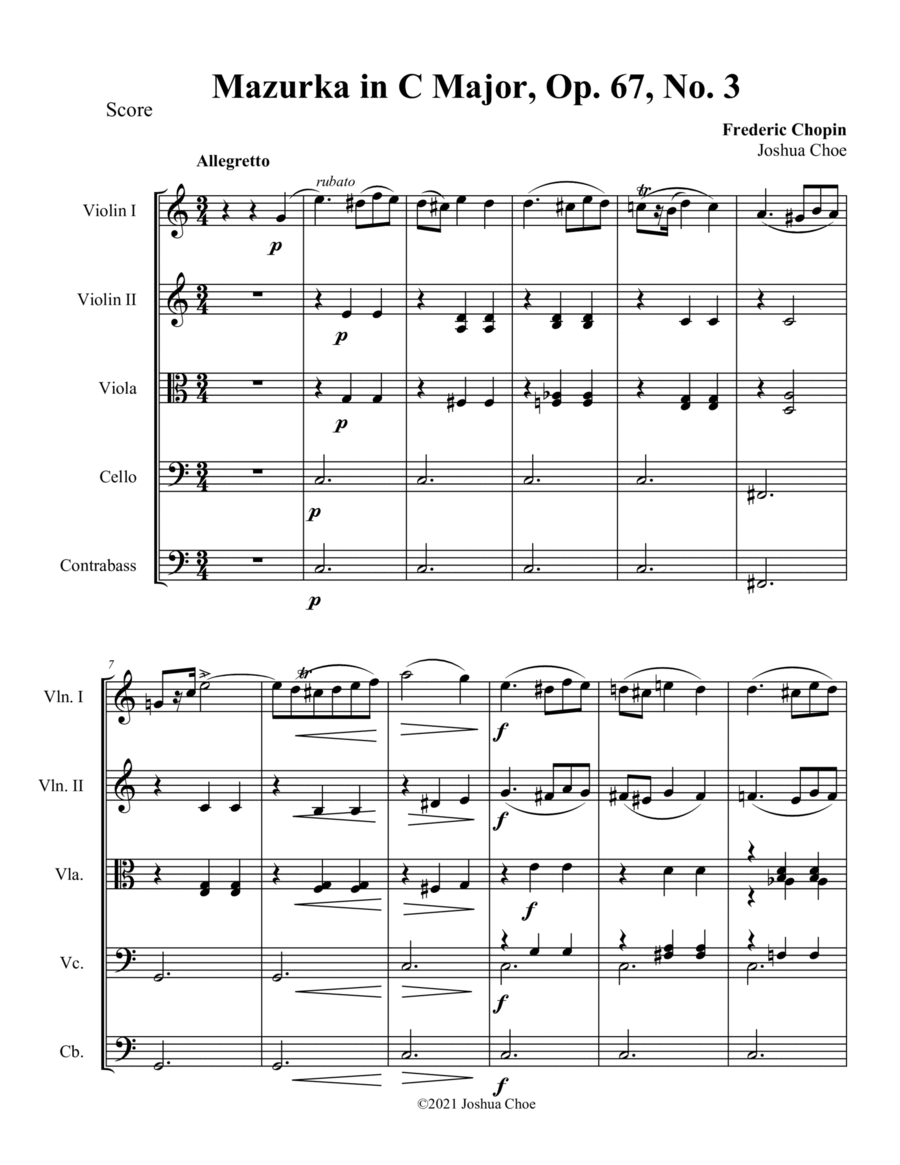 Mazurka in C Major, Op. 67, No. 3 String Orchestra scores gallery preview page 1
