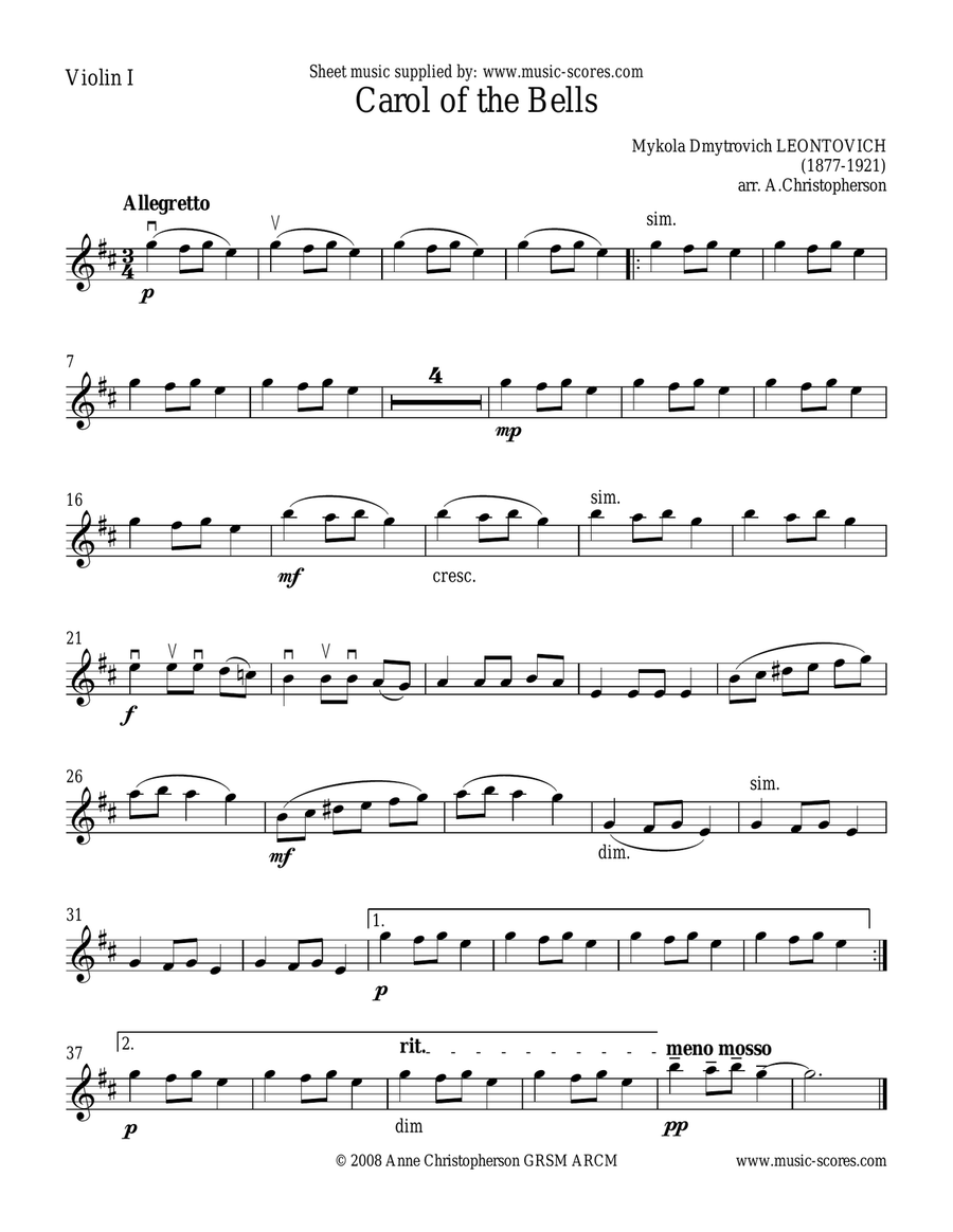 Carol of the Bells - 3 Violins and Cello - E Minor Small Ensemble scores gallery preview page 4