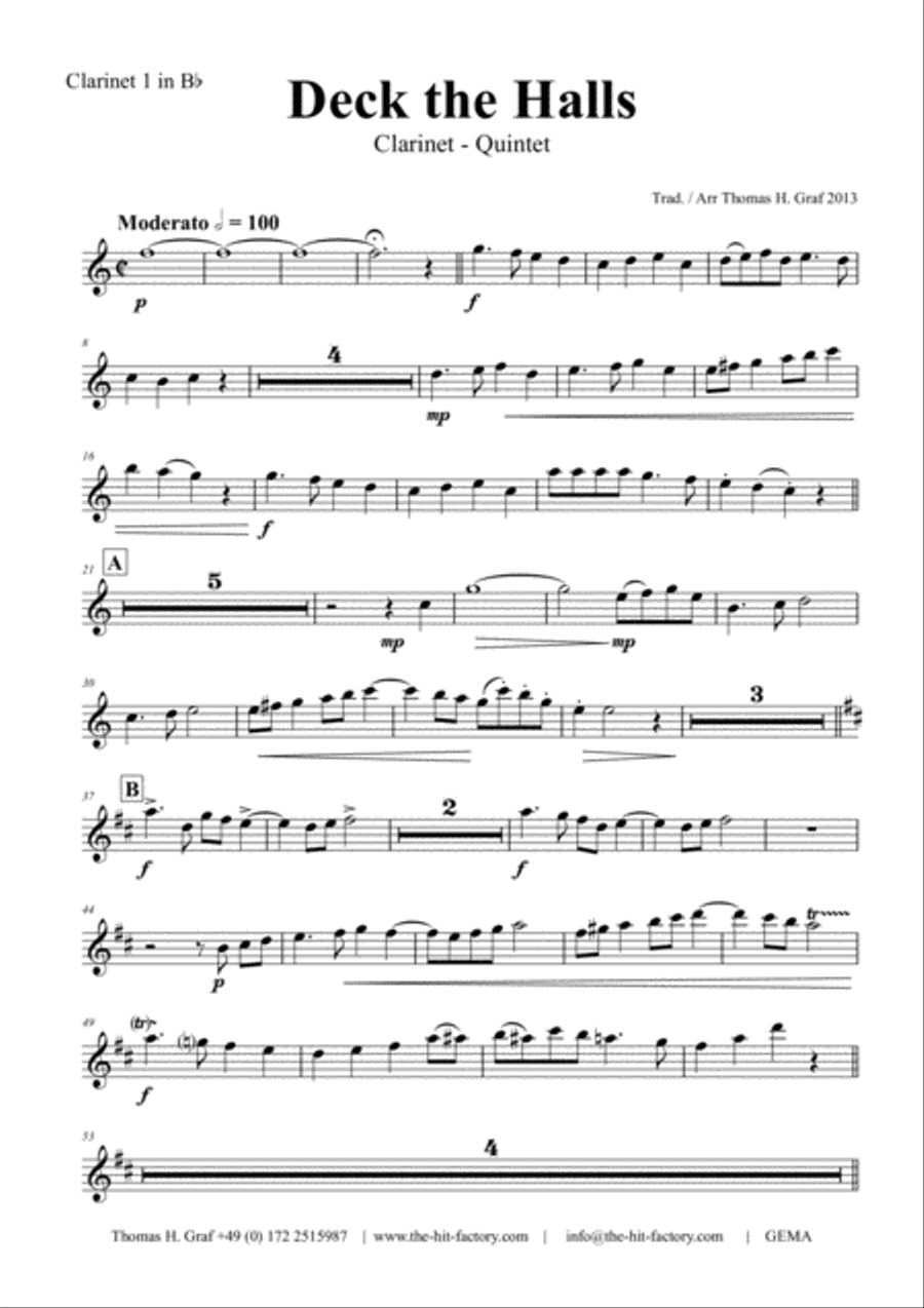 Deck the halls - Christmas Carol - Polyphonic - Clarinet Quintet Clarinet Quintet scores gallery preview page 5