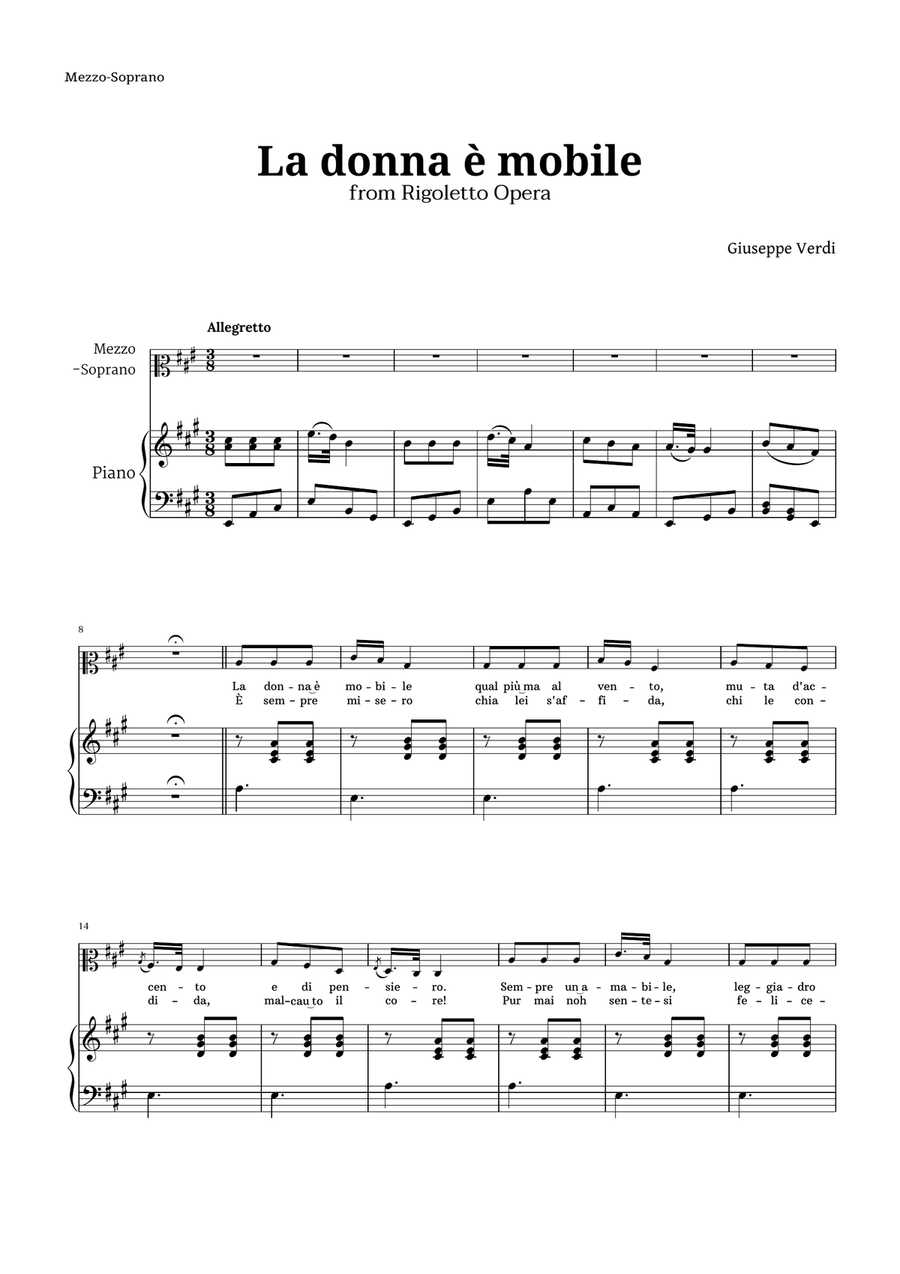 La donna è mobile in A major for Mezzo Soprano and Piano Piano, Vocal scores gallery preview page 1