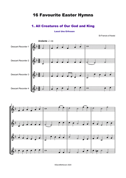 16 Favourite Easter Hymns for Descant/Soprano Recorder Quartet