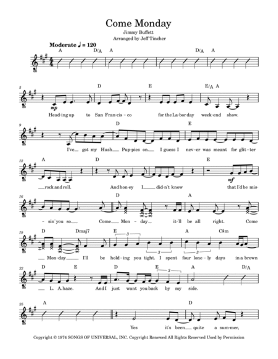 Come Monday by Jimmy Buffett Piano Digital Sheet Music Sheet