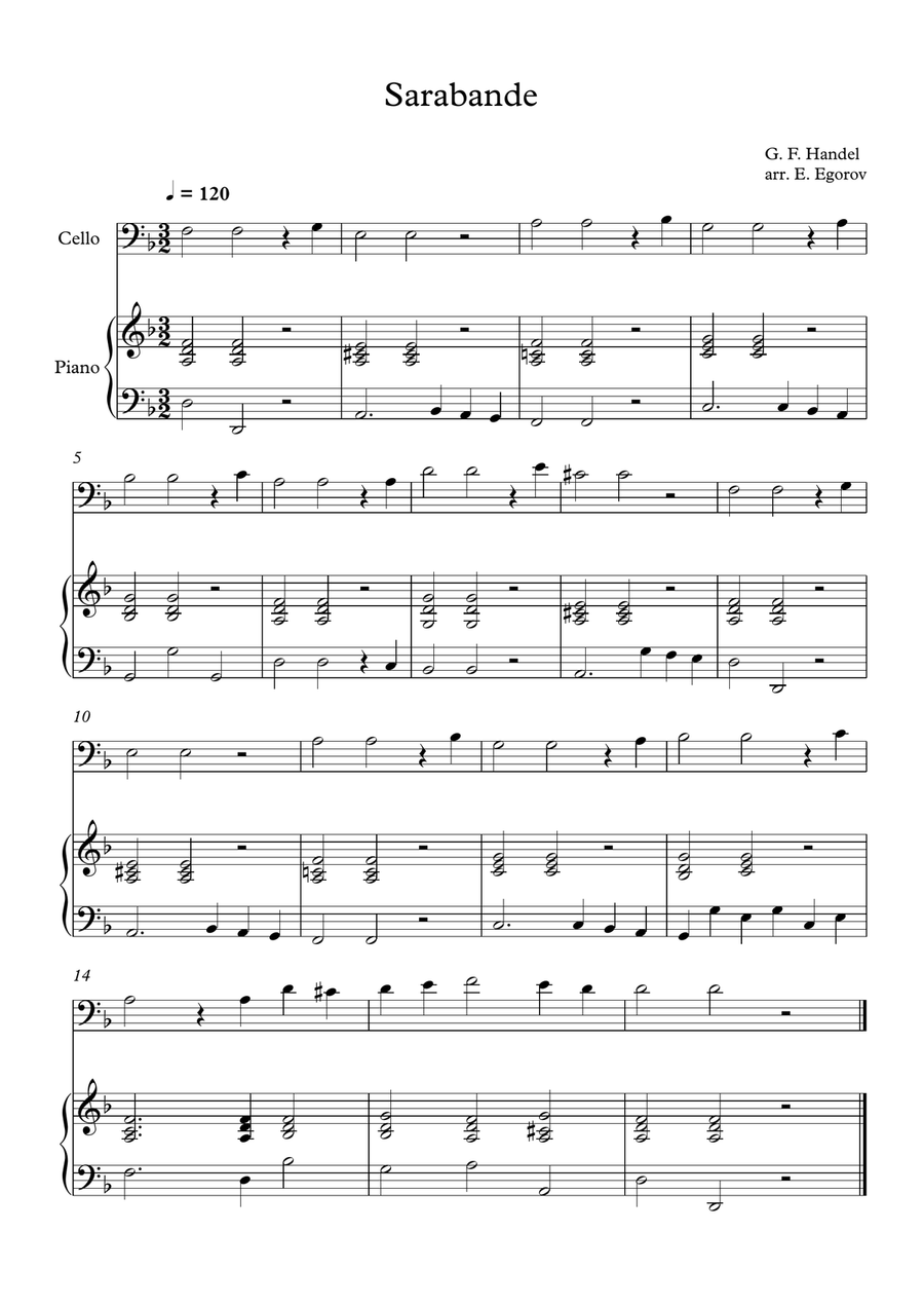 Sarabande, George Frideric Handel, For Cello & Piano Piano scores gallery preview page 1