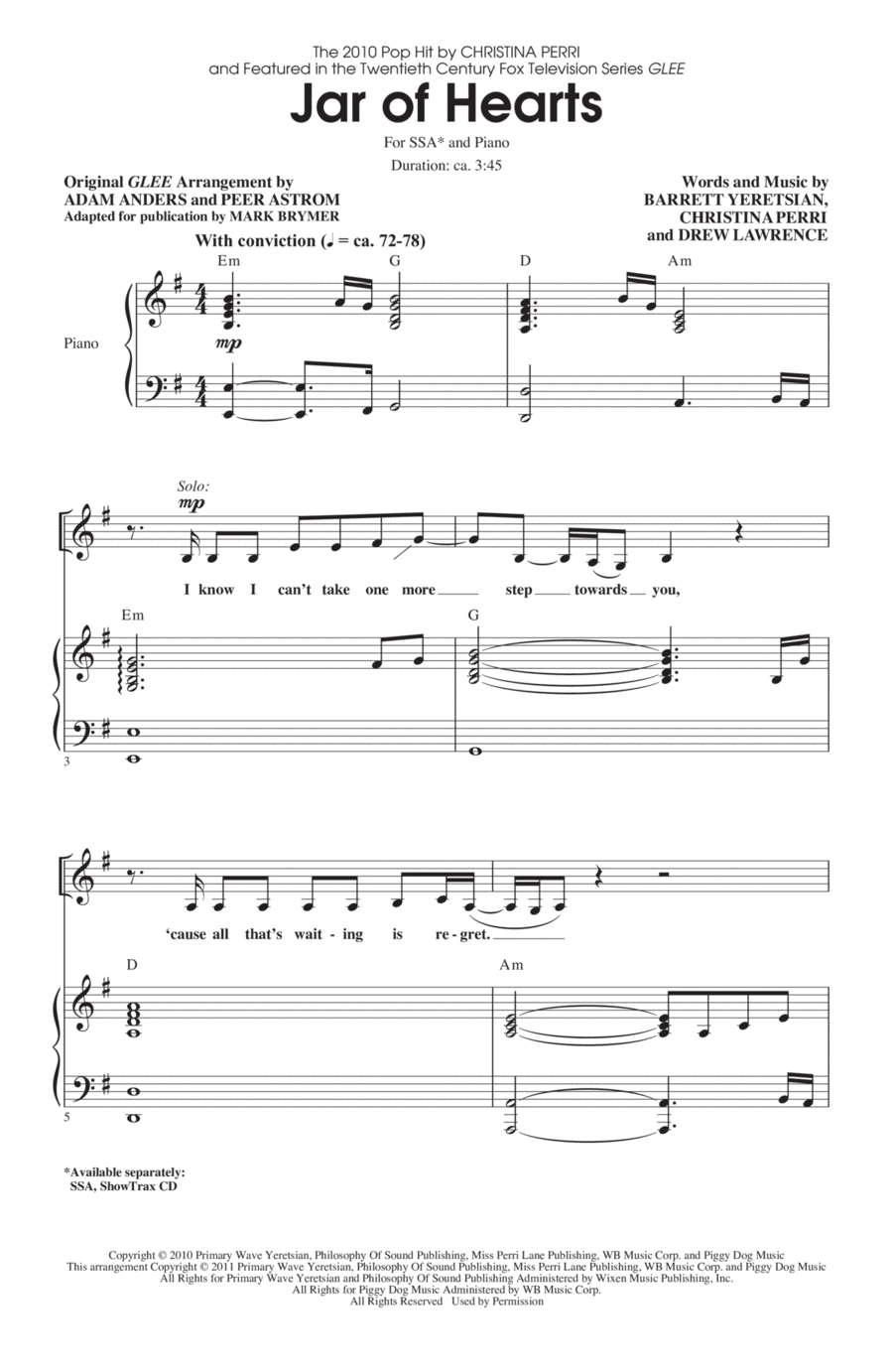 Jar Of Hearts (adapted by Mark Brymer) SSA scores gallery preview page 1
