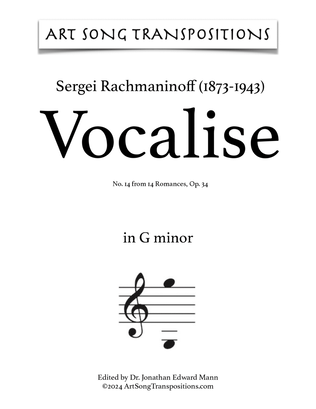 Book cover for RACHMANINOFF: Vocalise, Op. 34 no. 14 (transposed to G minor)