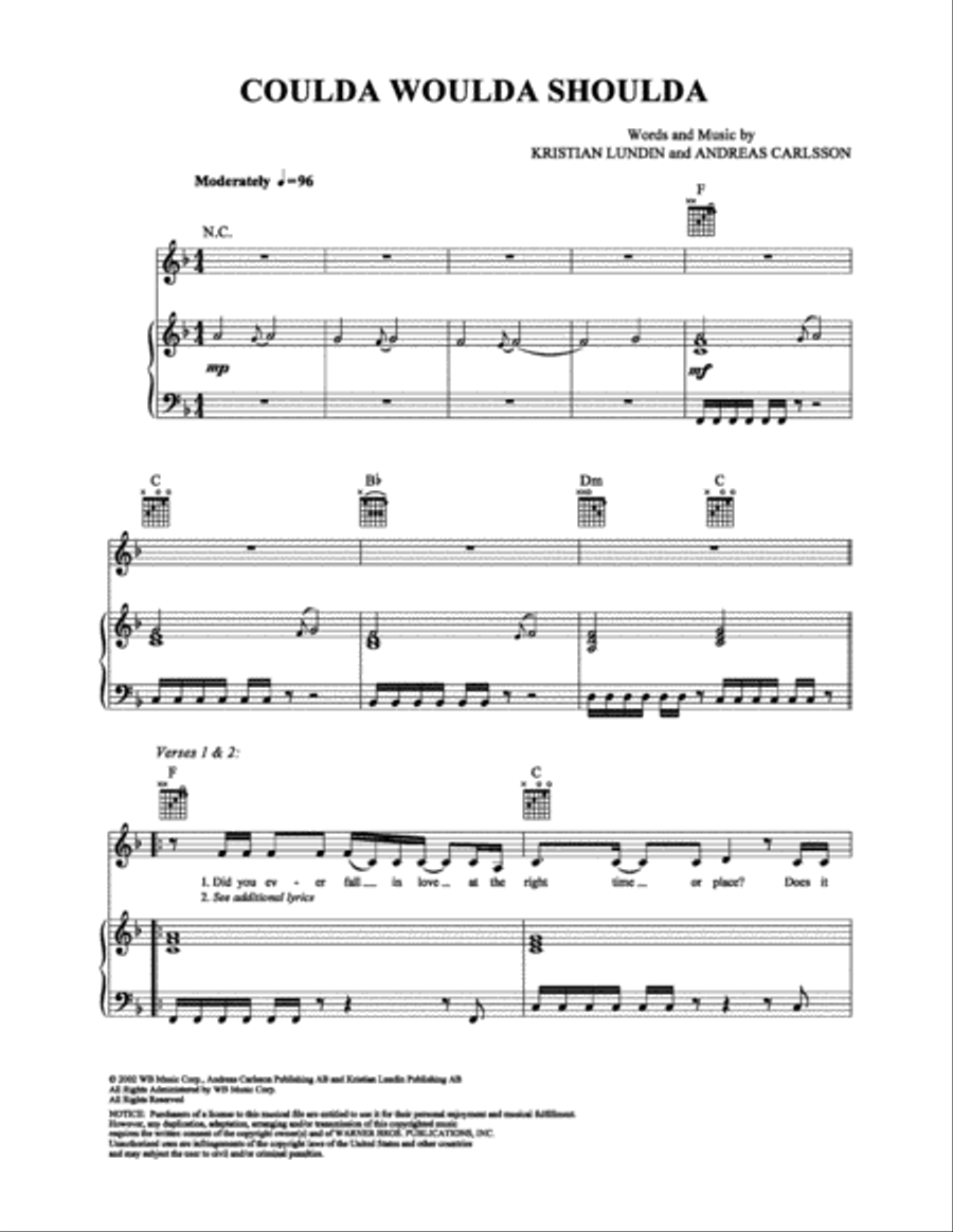 Coulda Woulda Shoulda Coulda Woulda Shoulda Piano, Vocal, Guitar scores gallery preview page 1
