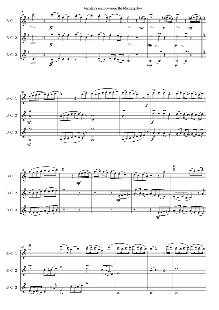 Variations on Blow away the morning dew for 3 clarinets Clarinet Solo scores gallery preview page 2
