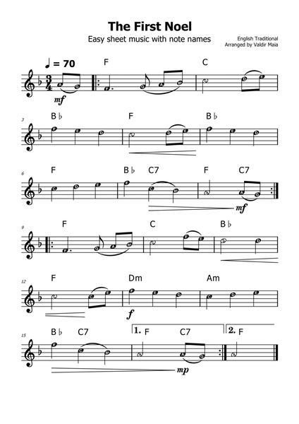 The First Noel - (F Major - with note names)