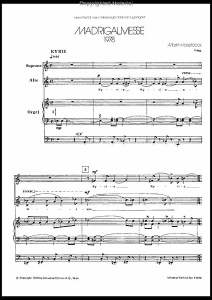 Madrigal Messe, Choral Score