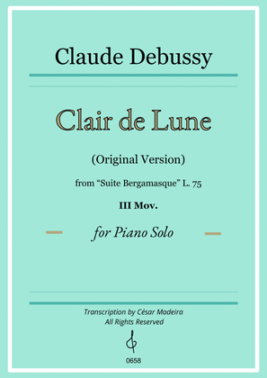Book cover for Clair de Lune by Debussy - Piano Solo - Original Version