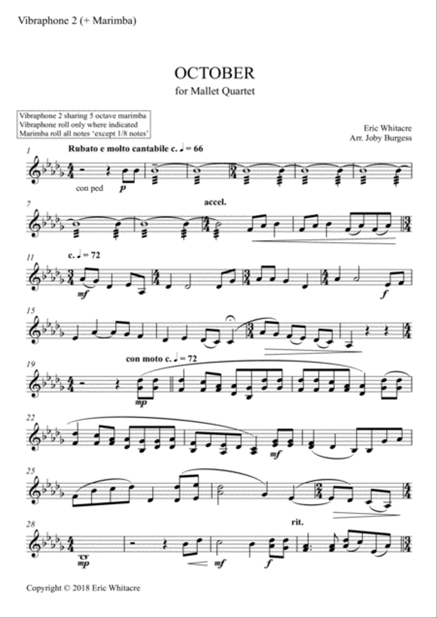 October (Alleluia) for Mallet Quartet (arr. Joby Burgess) - VIBRAPHONE 2 SHARE MARIMBA 2 Percussion Ensemble scores gallery preview page 1