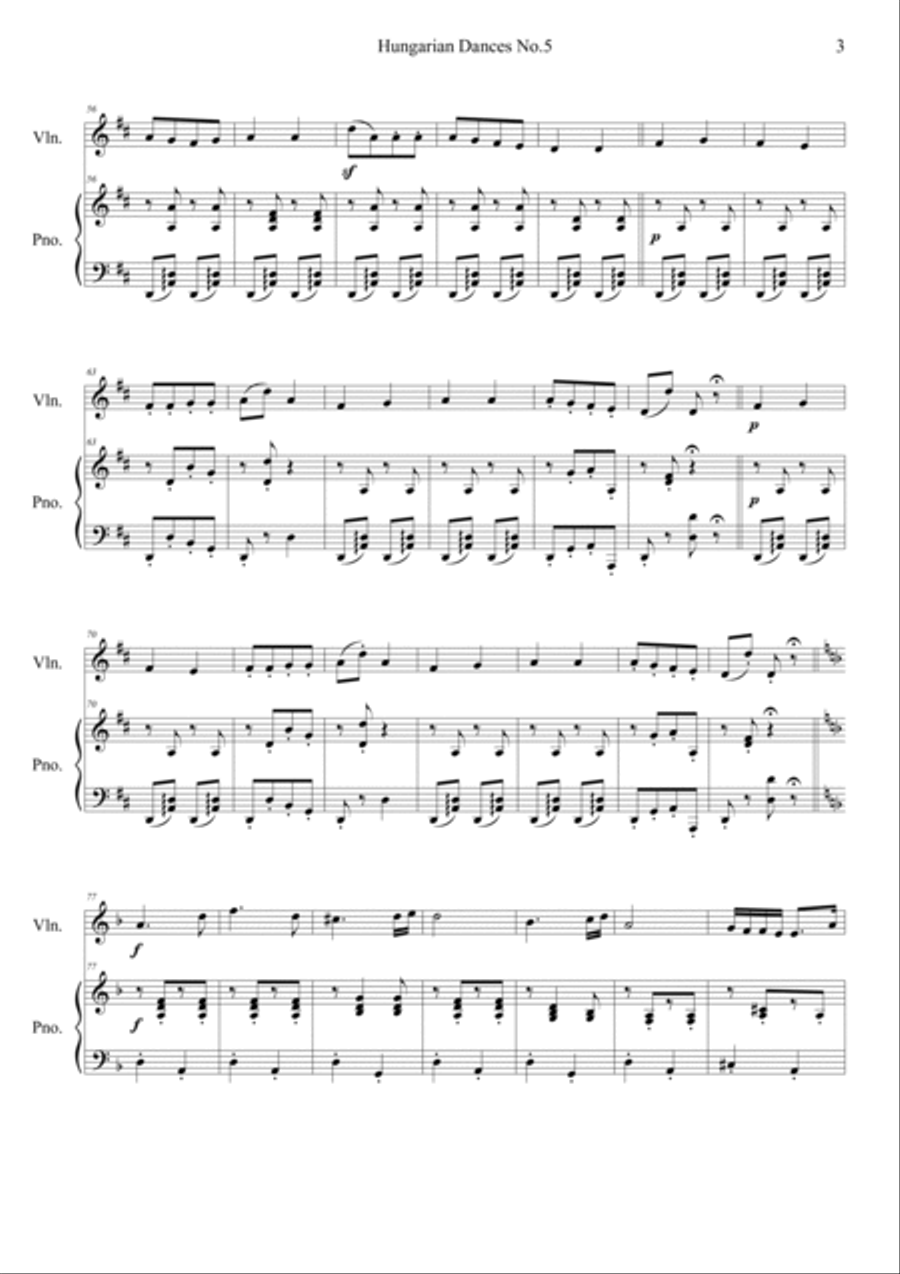 Hungarian Dances No.5 Easy version in D minor Violin Solo scores gallery preview page 3