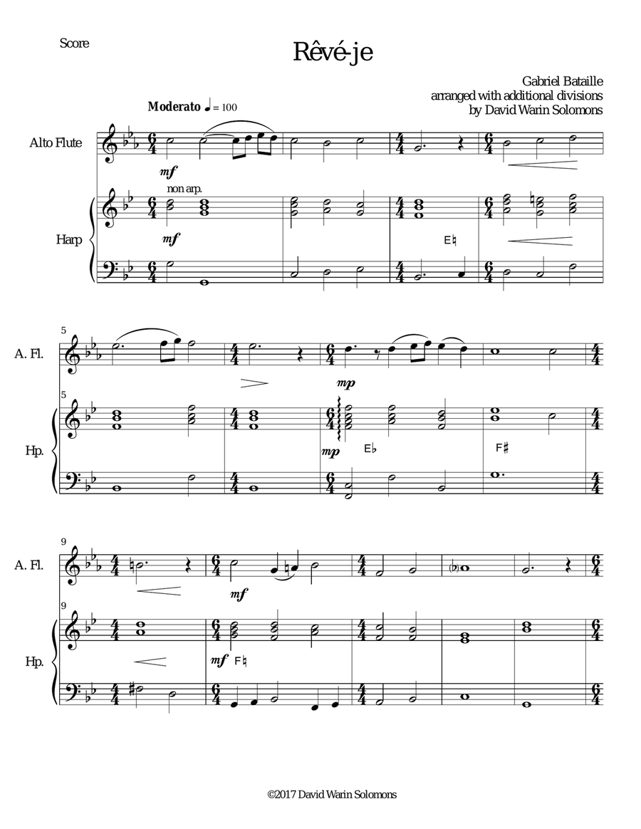 Rêvé-je (Am I dreaming) for alto flute and harp Flute scores gallery preview page 1