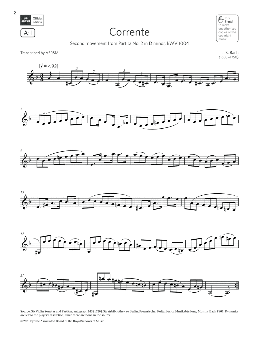 Corrente (from Partita No2 in D minor) (Grade 6 List A1 from the ABRSM Clarinet syllabus from 2022)