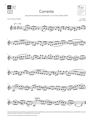Book cover for Corrente (from Partita No2 in D minor) (Grade 6 List A1 from the ABRSM Clarinet syllabus from 2022)