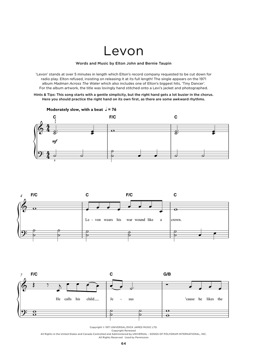 Levon Easy Piano scores gallery preview page 1