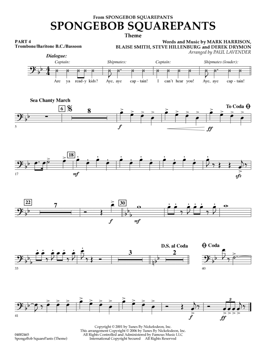 Spongebob Squarepants - Pt.4 - Trombone/Bar. B.C./Bsn. Concert Band scores gallery preview page 1