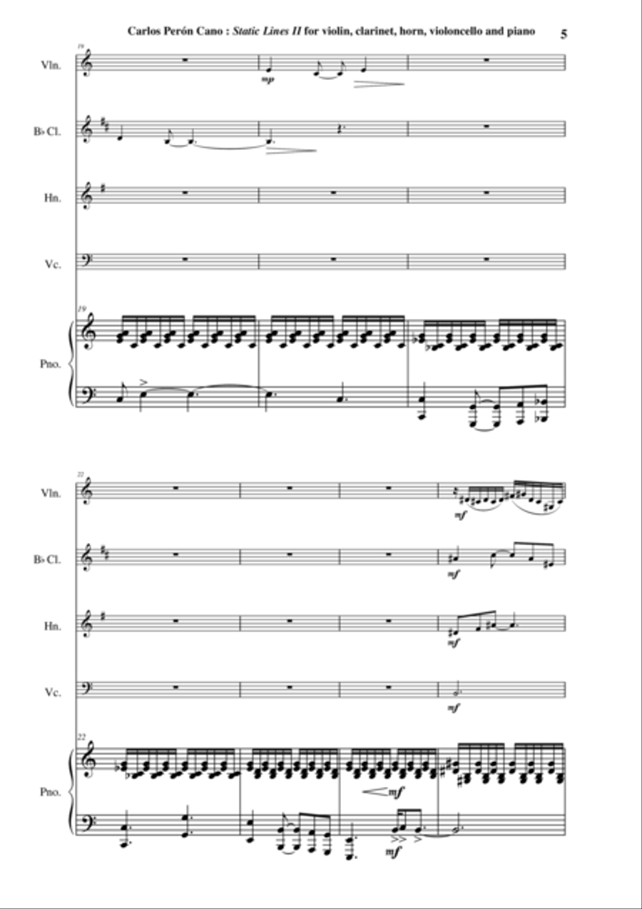 Carlos Perón Cano: Static Lines II (2003) for violin, clarinet in Bb, horn, violoncello and piano Small Ensemble scores gallery preview page 5