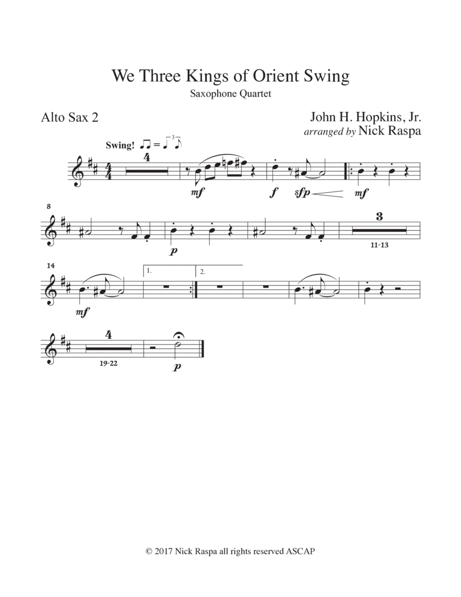 We Three Kings of Orient Swing (sax quartet - AATB) Alto Sax 2 part Saxophone Quartet scores gallery preview page 1
