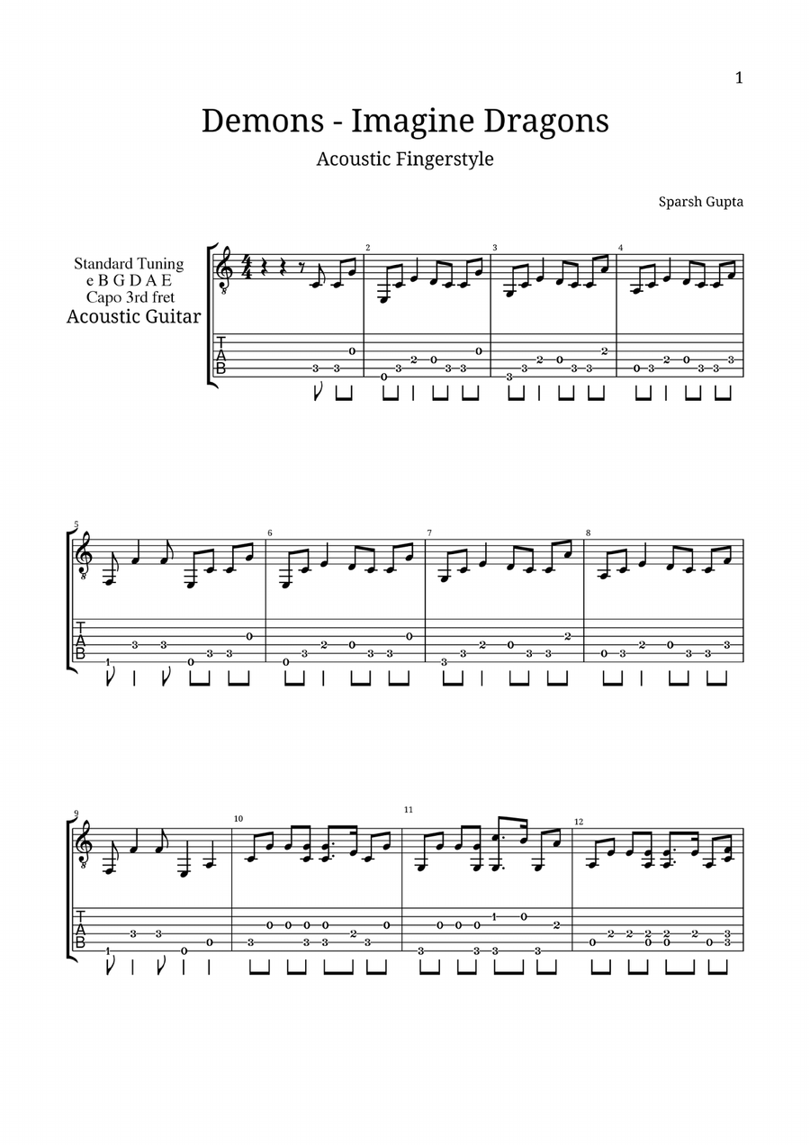 Demons (Imagine Dragons) Acoustic Fingerstyle Guitar Tab Acoustic Guitar scores gallery preview page 1