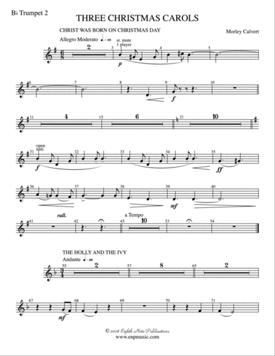 Three Christmas Carols: 2nd B-flat Trumpet Concert Band scores gallery preview page 1