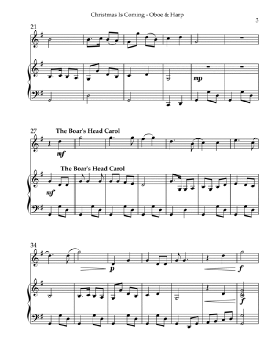 Christmas is Coming, Duet for Oboe & Harp Oboe scores gallery preview page 3