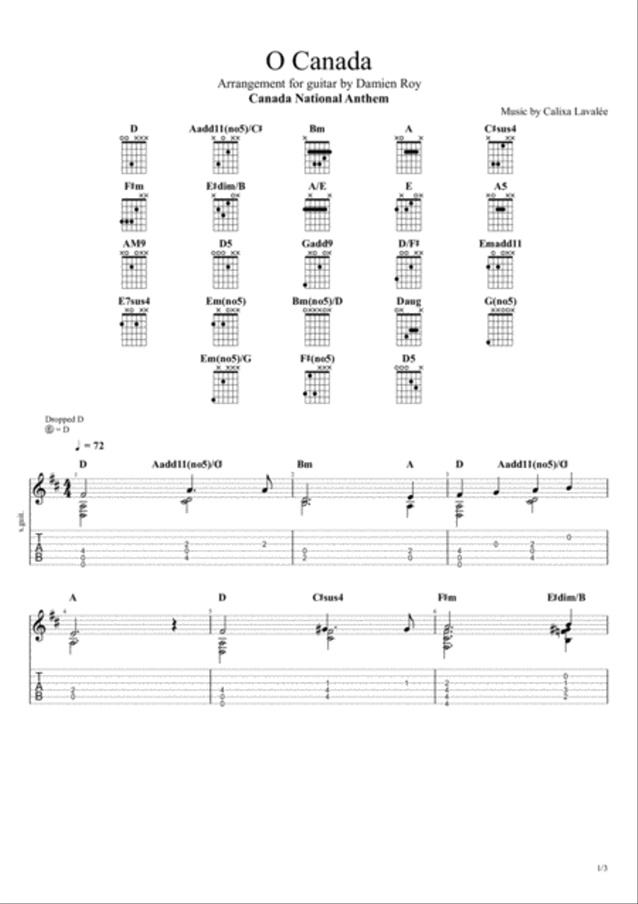 O Canada for fingerstyle guitar Fingerpicking Guitar scores gallery preview page 1