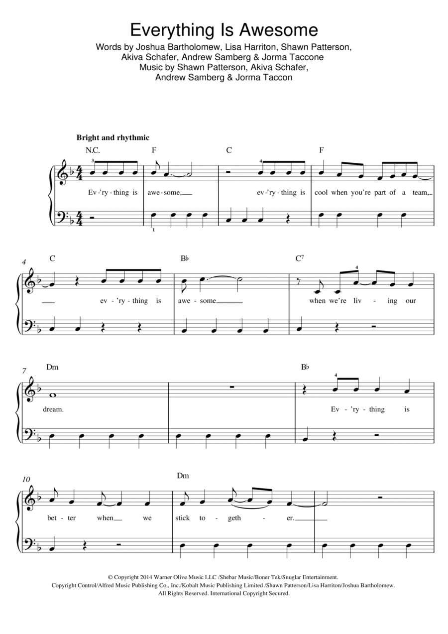 Everything Is Awesome (from The Lego Movie) (feat. The Lonely Island) Piano scores gallery preview page 1