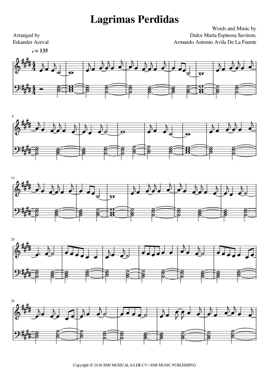 Lagrimas Perdidas Piano Solo scores gallery preview page 1