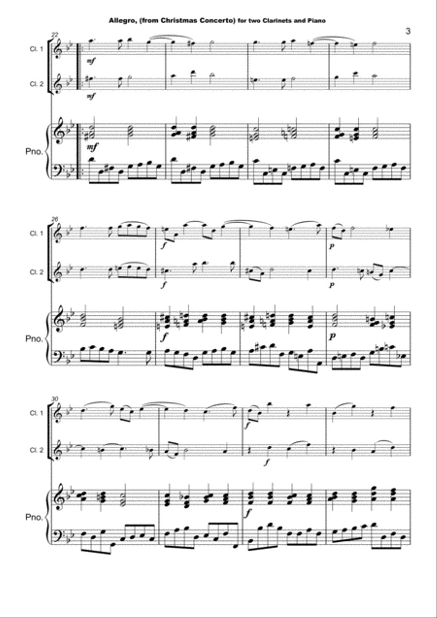 Christmas Concerto, Allegro, by Corelli; for Clarinet Duet or Solo, with optional Piano Clarinet Duet scores gallery preview page 4