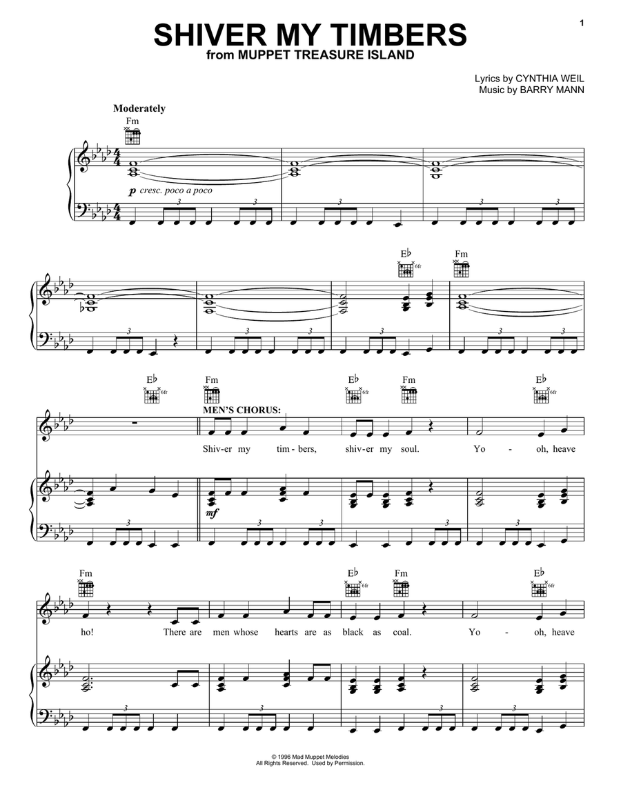 Shiver My Timbers (from Muppet Treasure Island) Piano, Vocal, Guitar scores gallery preview page 1