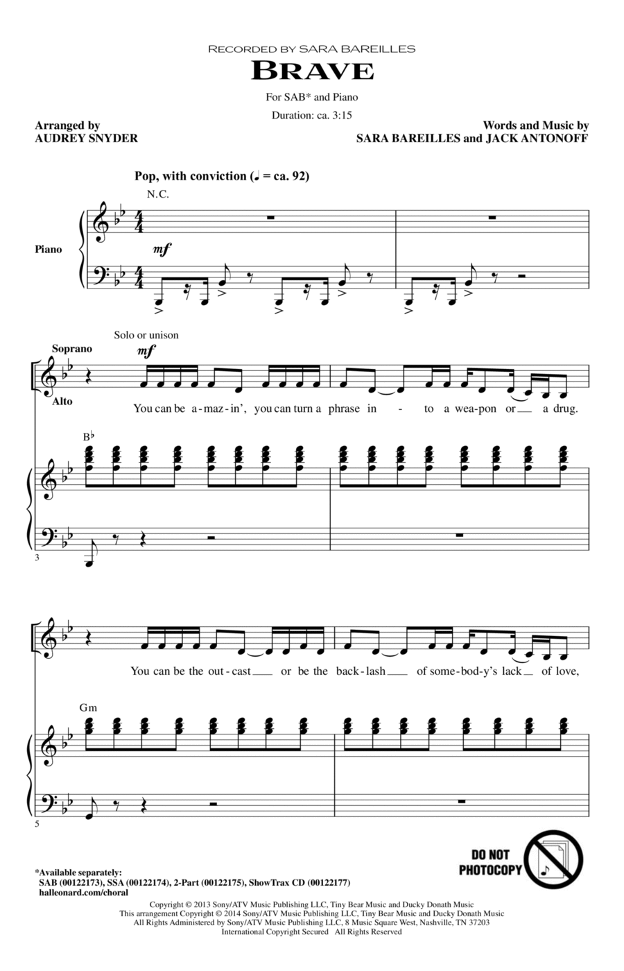 Brave (arr. Audrey Snyder) 3-Part scores gallery preview page 1