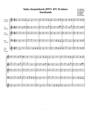 Book cover for Sarabande from Suite HWV 437 in D minor (arrangement for 5 recorders)