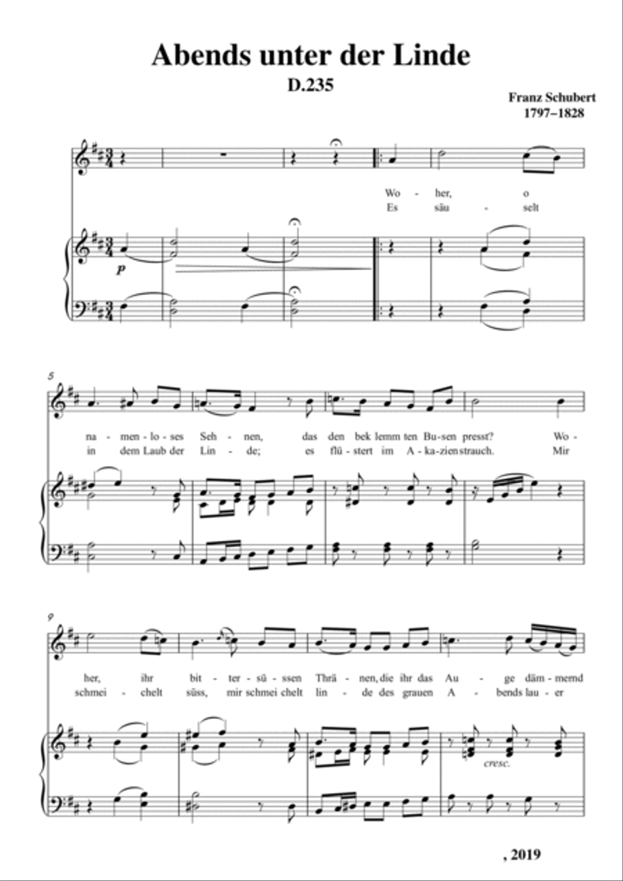 Schubert-Abends unter der Linde,D.235 in D for Vocal and Piano Voice scores gallery preview page 2