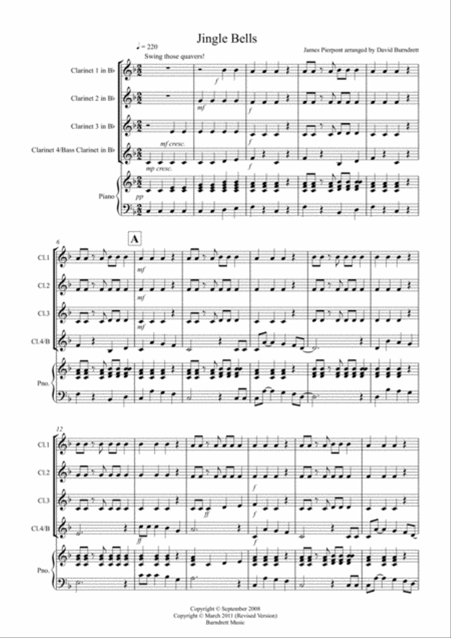 Jingle Bells (Jazzy Style!) for Clarinet Quartet Clarinet Quartet scores gallery preview page 1